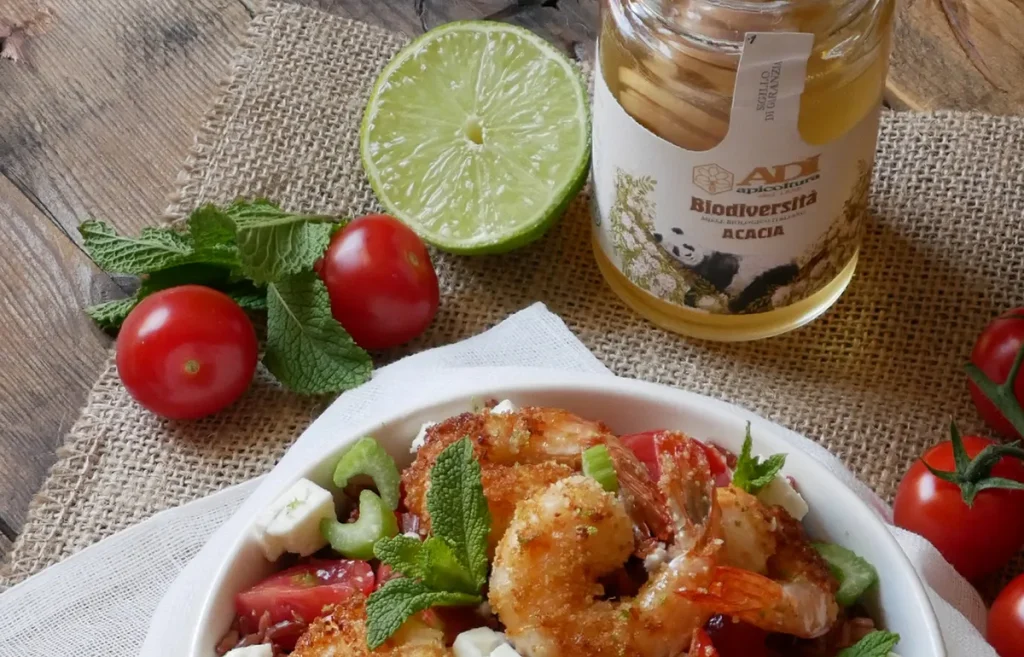 Insalata di gamberi con miele di acacia